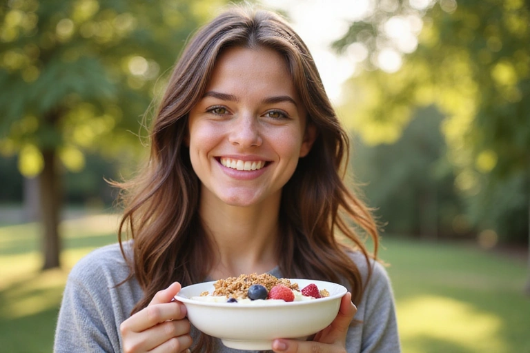 Person enjoying a healthy breakfast outdoors, smiling, no text