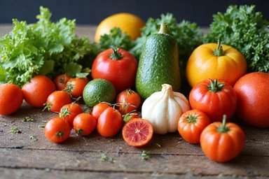 Mesa con una variedad de verduras frescas y frutas coloridas, simbolizando una dieta equilibrada