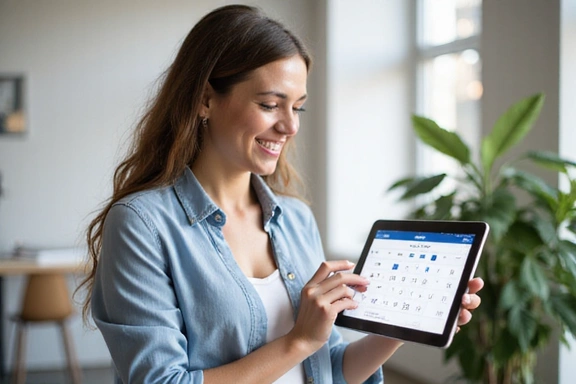 Mujer sonriendo y consultando su calendario en una tablet