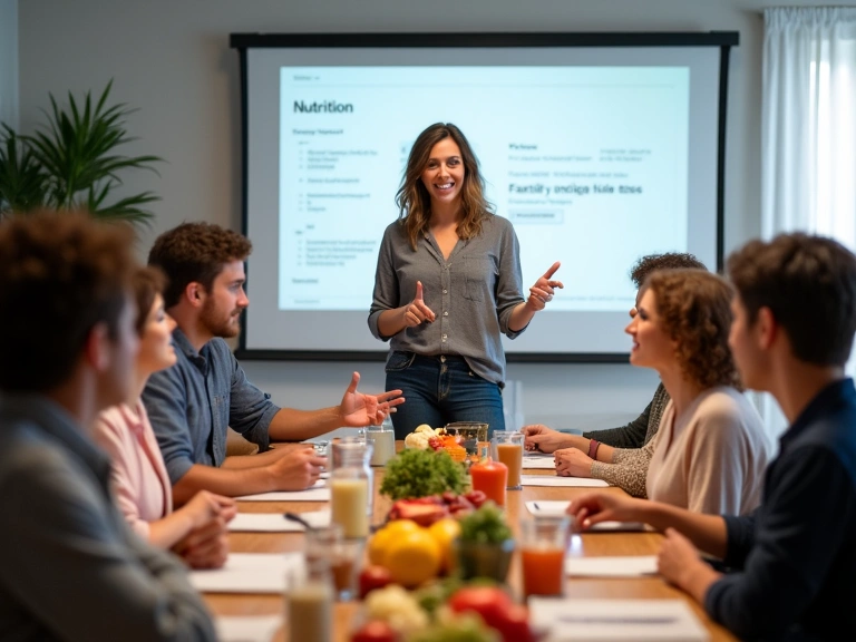 Un grupo de personas participando activamente en un taller de nutrición, con un instructor presentando en una pantalla y alimentos saludables en la mesa.